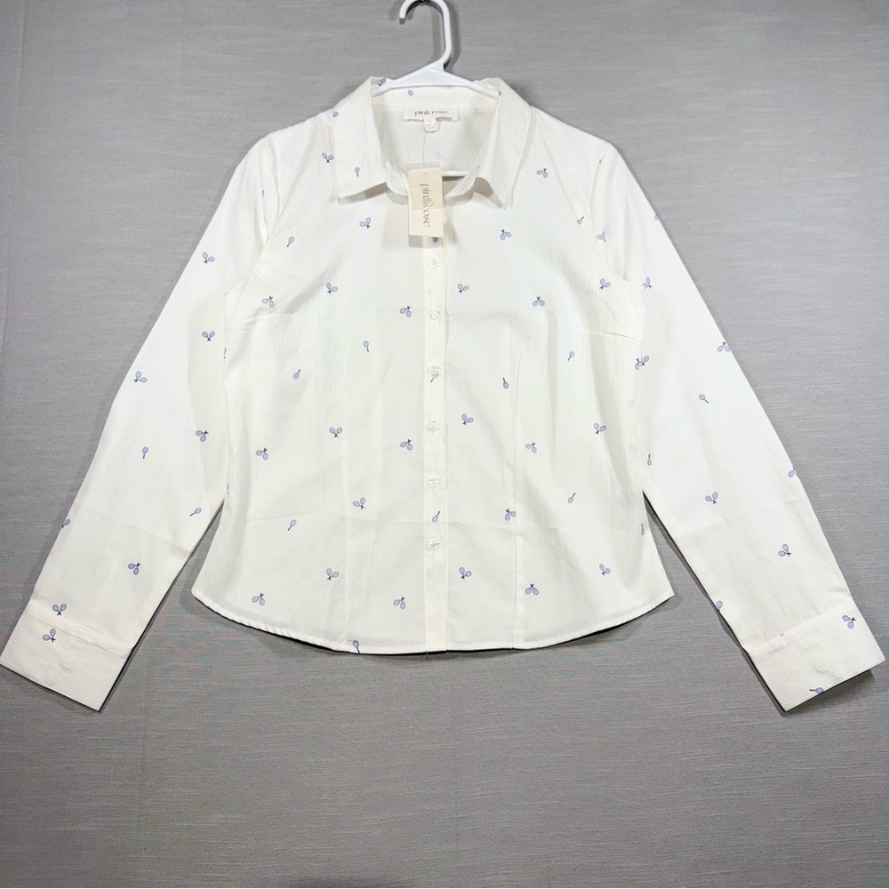 Women’s Long Sleeve Shirt Pink Rose White Large Striped Tennis Racket Pattern